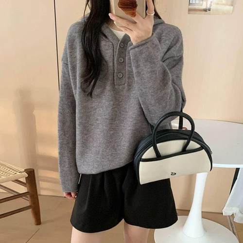 慵懒风宽松连帽毛衣外穿纯色百搭2025秋冬加厚叠穿简约针织衫上衣