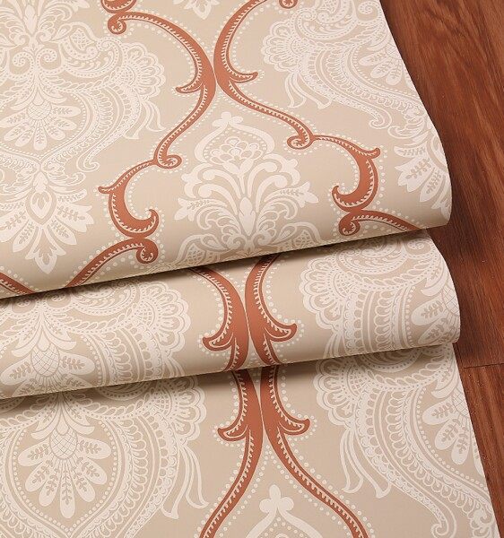 美国进口纯纸墙纸北欧风格浅咖色大马士革客厅卧室电视背景墙壁纸