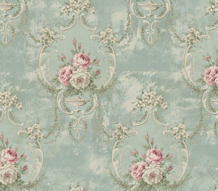美式田园墙纸纯纸复古乡村风浅蓝色大马士革花客厅卧室背景墙壁纸