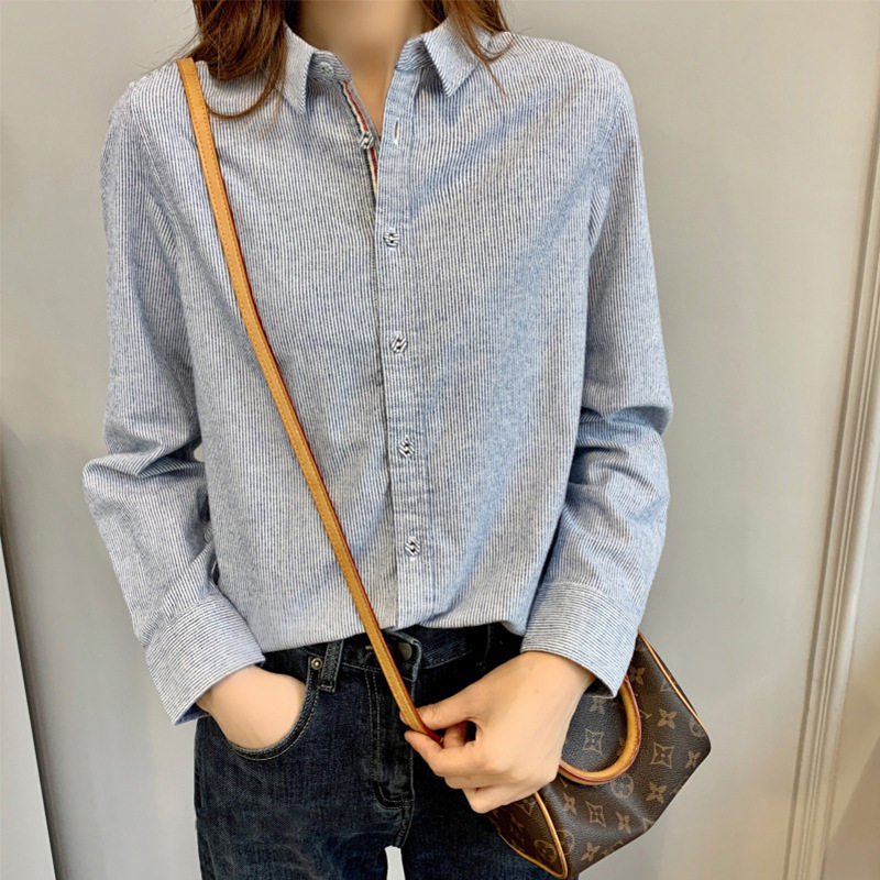 外贸日系客供面料柔软亲肤文艺清新全棉磨毛百搭条纹长袖女式衬衫