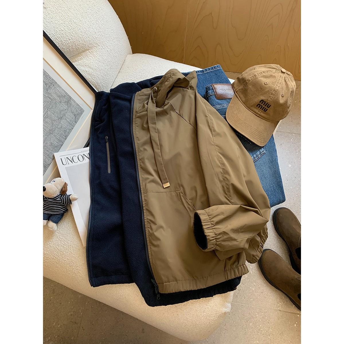 大叮自制正反两面穿夹克!防水抗皱撞色摇粒绒宽松短款连帽外套女