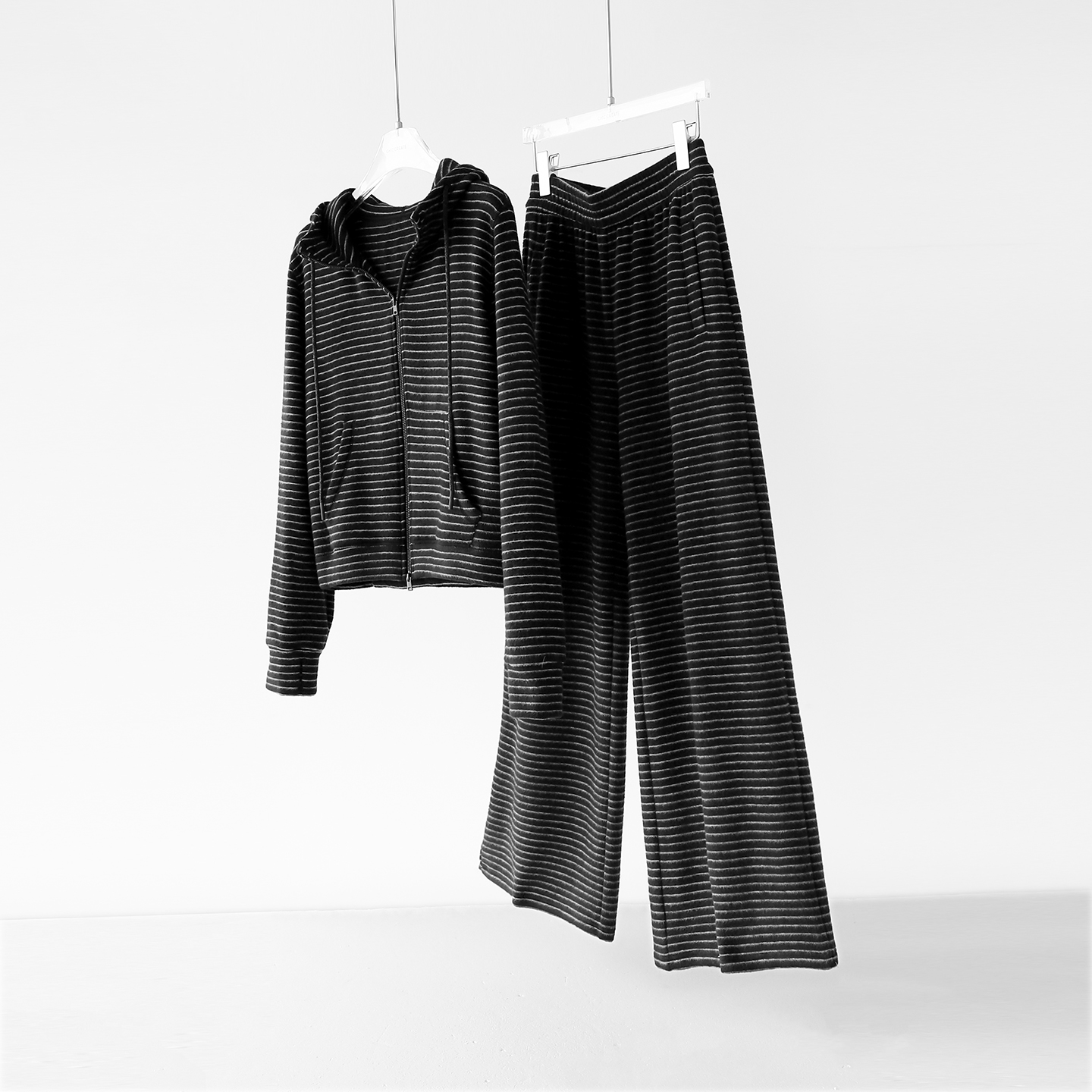 体感享受！高舒适度！真丝羊毛条纹连帽开衫外套阔腿长裤套装女秋