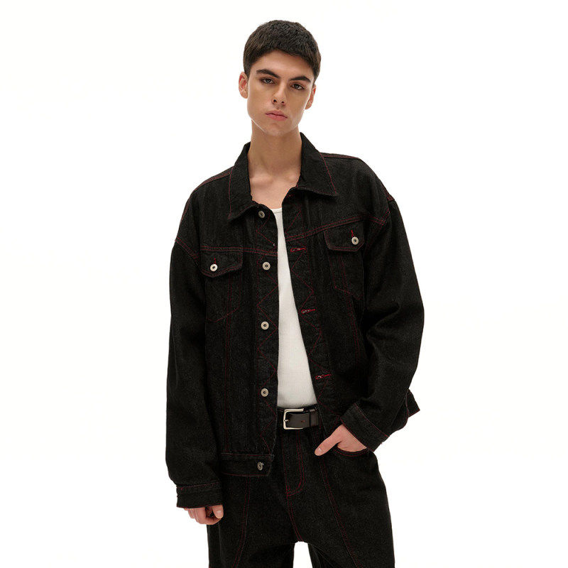 春天日系复古翻领撞色明线牛仔夹克春季青年男潮帅气时髦上衣外套