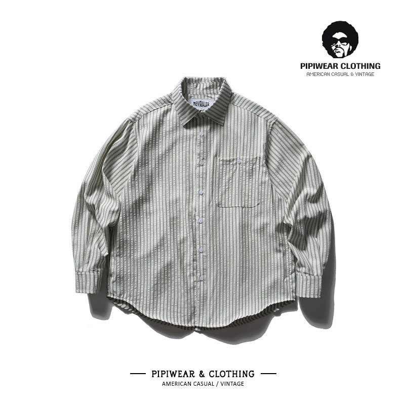 秋季日系cityboy泡泡纱条纹衬衫男款长袖百搭衬衣秋天肌理感寸衫