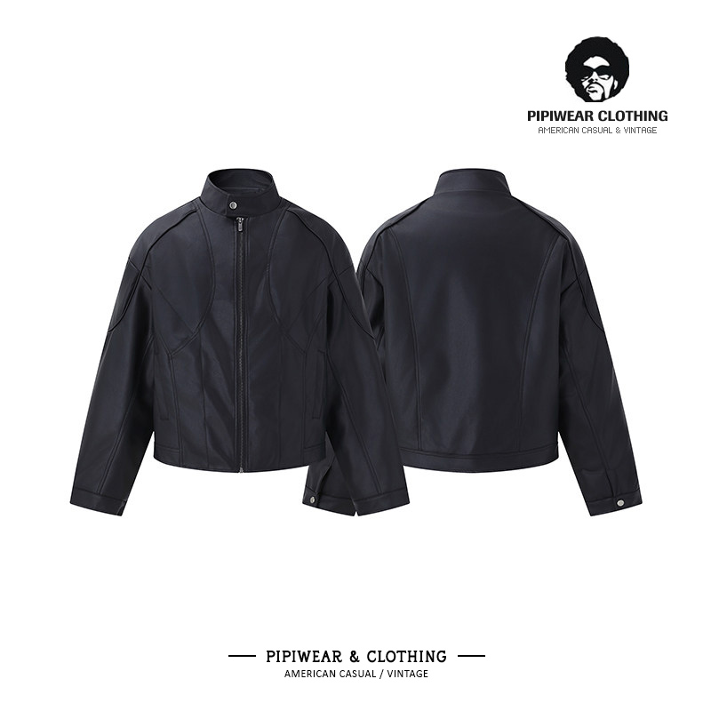 复古机车立领PU皮夹克棉衣外套男