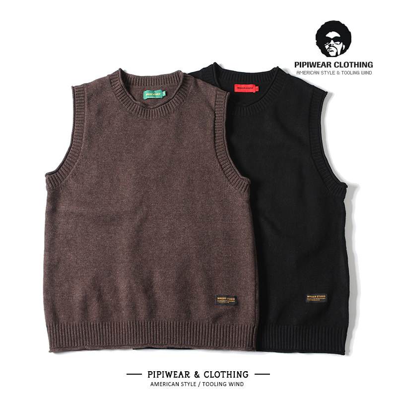 秋冬季日系学院风圆领无袖毛衣男背心宽松针织衫坎肩早秋线衫马甲
