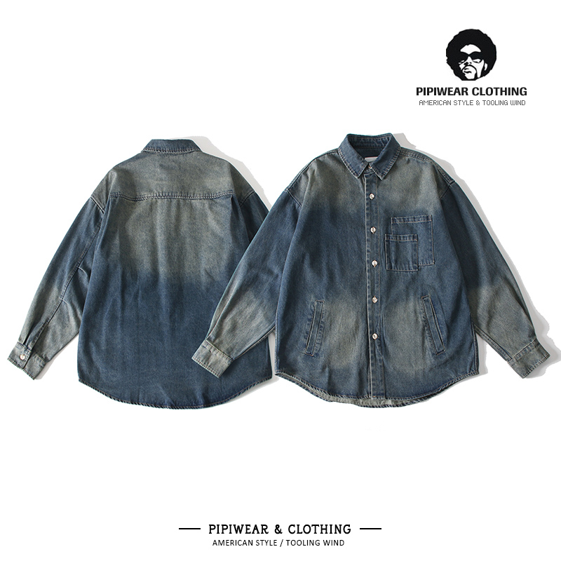 水洗复古多口袋牛仔衬衫工装衬衣