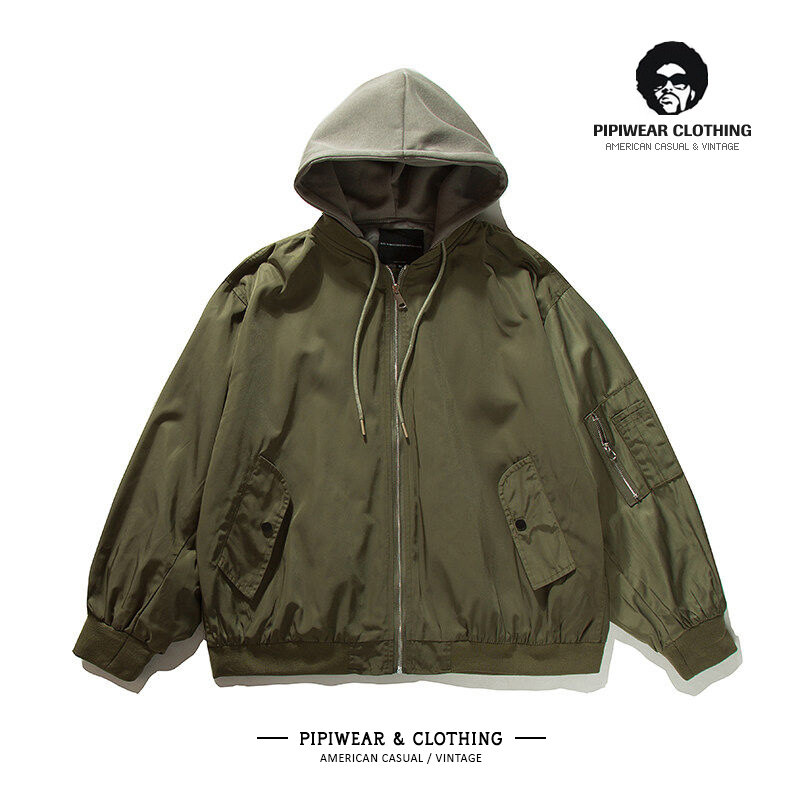 秋天复古连帽飞行员假两件工装外套男青少年痞帅机能秋季宽松夹克