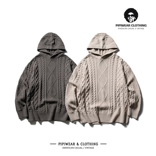 高街复古慵懒风扭花设计感毛衣连帽套头灰色针织衫男宽松休闲线衫