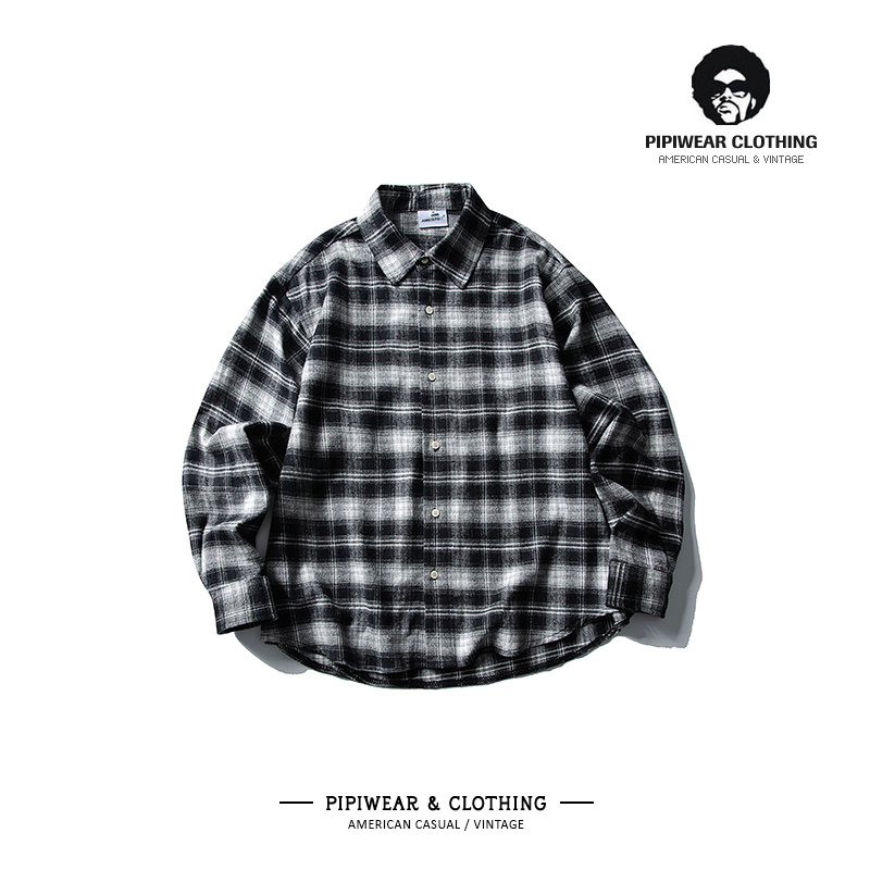 复古格子翻领衬衫男格纹休闲衬衣