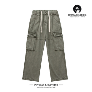 百搭休闲裤 日系复古男裤 子男直筒阔腿长裤 裤 潮 重工水洗多口袋工装
