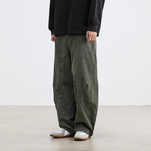 水洗做旧弯刀裤子男潮牌痞帅炸街男裤直筒阔腿长裤解构拼接休闲裤