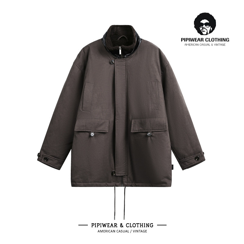 冬季美拉德拼皮毛领派克服男款棉衣冬天巴恩风工装棉服中长款男潮