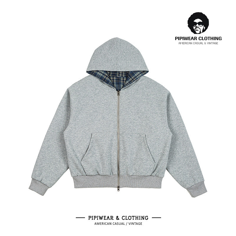 新款秋季蓝格纹双面穿廓形连帽短款外套男士开衫卫衣秋天休闲帽衫