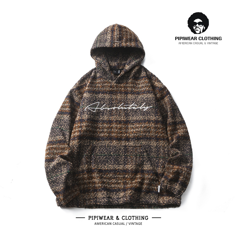 粗花呢料格纹卫衣连帽刺绣套头衫