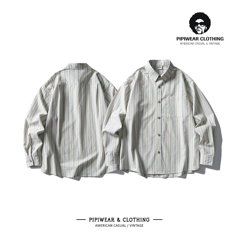 春天日系复古竖条纹男士内搭衬衫超好看休闲衬衣春季痞帅长袖寸衫