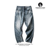 街头水洗漆点泼墨牛仔裤 男直筒宽松休闲裤 潮流九分裤 美式 百搭男裤