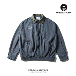 秋季水洗做旧男上衣潮帅气时髦工装外套秋天撞色翻领刺绣复古夹克