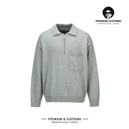 半拉链翻领毛衣男休闲叠穿针织衫