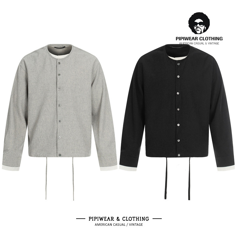 潮牌春天日系简约假两件拼接无领夹克男高级感瘩帅春季叠穿薄外套