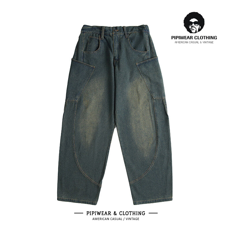 美式潮流水洗做旧弯刀阔腿牛仔裤