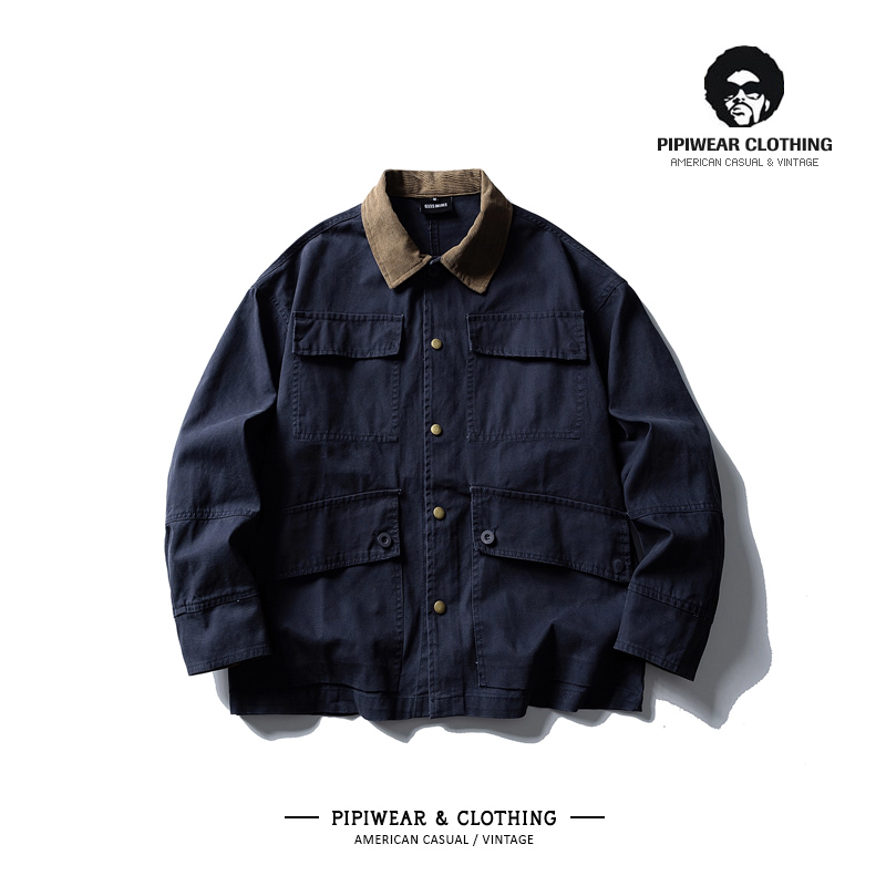 灯芯绒翻领外套男多口袋工装夹克