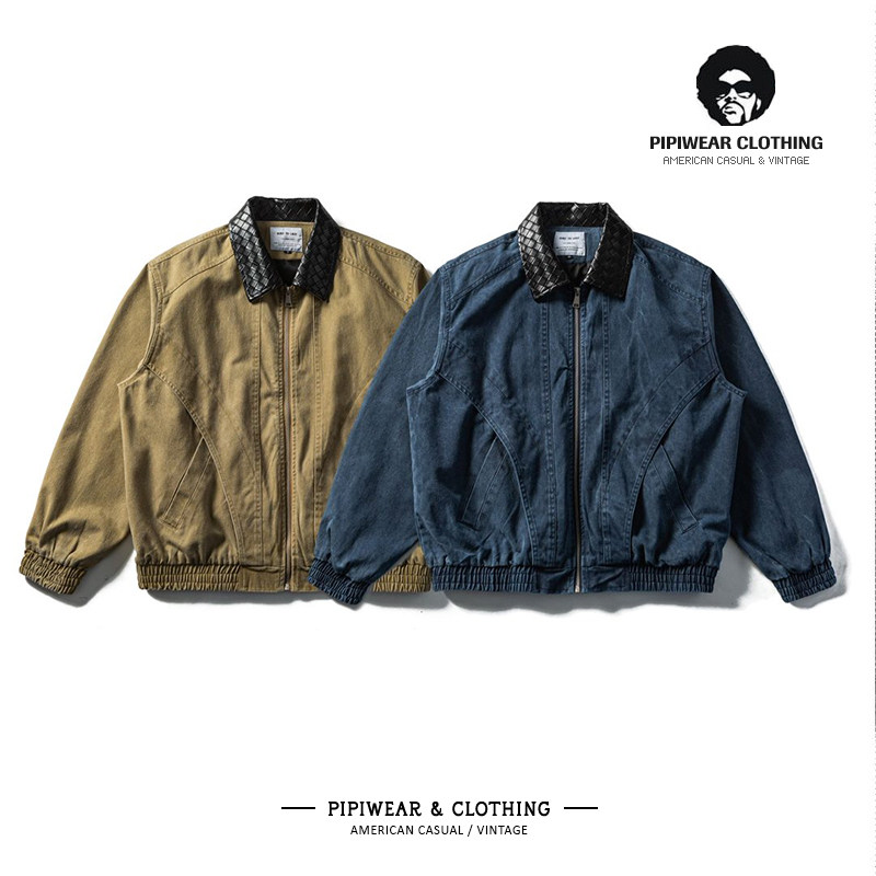 2026春季复古美式PU皮翻领水洗牛仔外套男士春天宽松百搭工装夹克