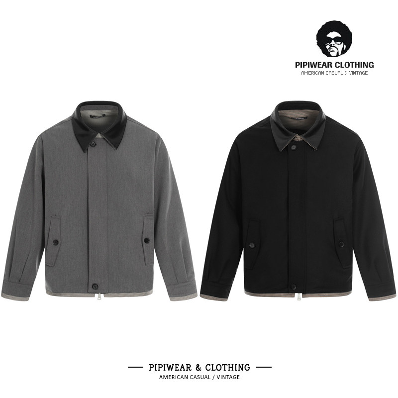 潮流春天巴恩风皮领拼接美式短款夹克男春季复古休闲时尚工装外套