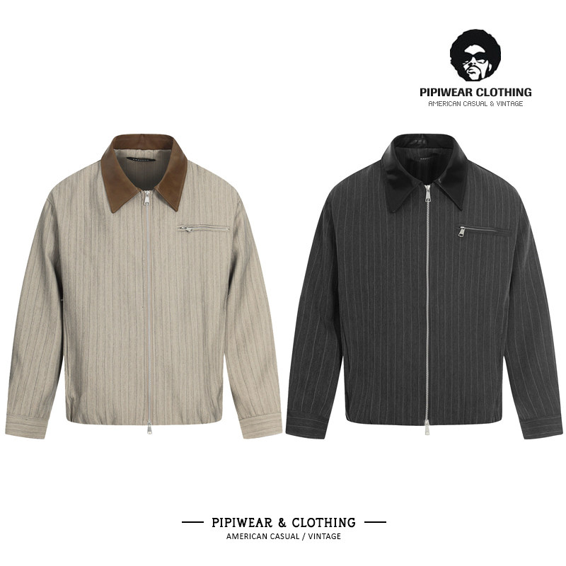 春季复古PU皮拼接翻领短款条纹夹克春天老钱风美式休闲外套男新款,男装,夹克,淘宝优惠券,粉丝福利购,淘宝优惠卷