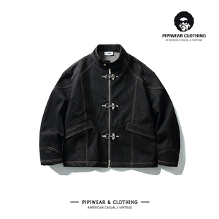 春季美式复古飞机扣短款牛仔夹克男高级感痞帅春天立领工装外套潮