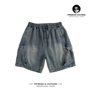宽松休闲中裤 夏天复古做旧水洗牛仔短裤 夏季 百搭五分裤 男潮牌工装