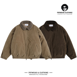 绒面棉衣男冬季2025新款复古羊羔绒翻领棉服外套冬天保暖工装棉袄