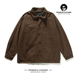 秋季男士休闲夹克外套高级感日系复古纯棉水洗多口袋秋天工装上衣