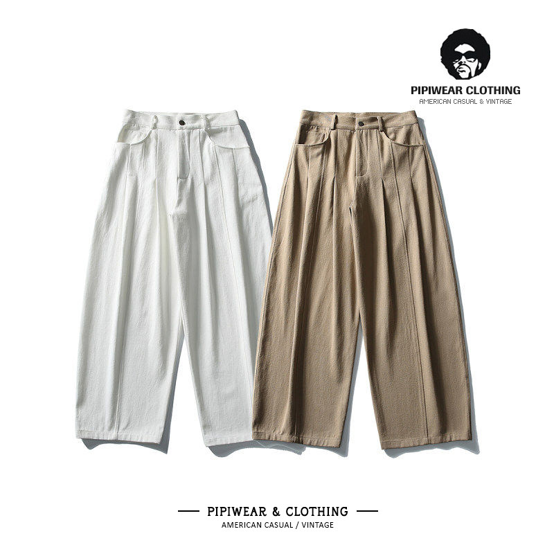 美式新款白色简约男裤廓型抽褶纯棉休闲裤子男宽松直筒阔腿长裤子