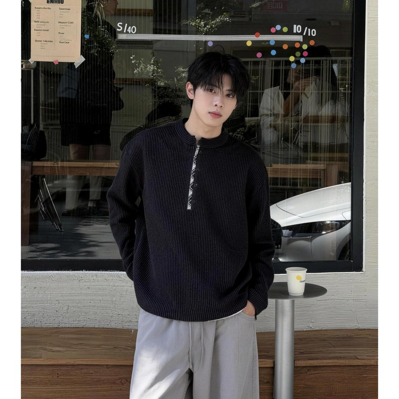 松弛感亨利领长袖T恤叠穿套头衫