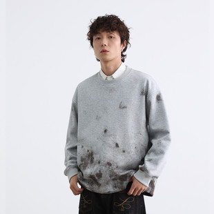 秋季学院风手工泼墨圆领套头衫上衣男设计感小众高街重磅秋天卫衣