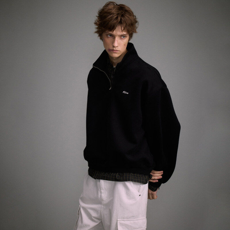 日系刺绣立领半拉链短款男士卫衣