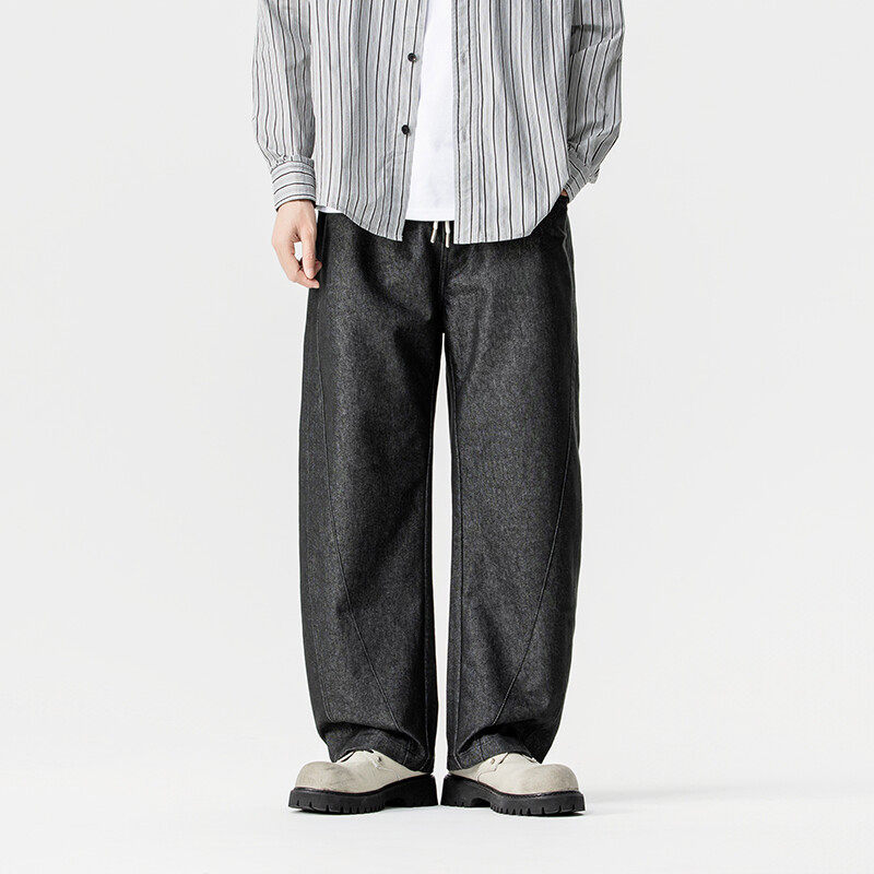 潮牌原色丹宁复古水洗牛仔裤简约直筒阔腿长裤宽松显瘦男裤休闲裤