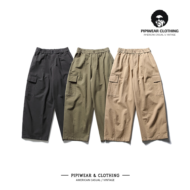 多口袋直筒工装长裤阔腿休闲裤男