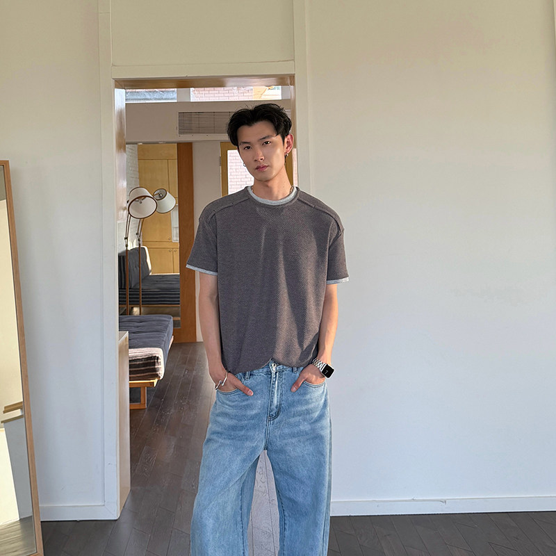 高级感拼色假两件老钱风t恤短袖