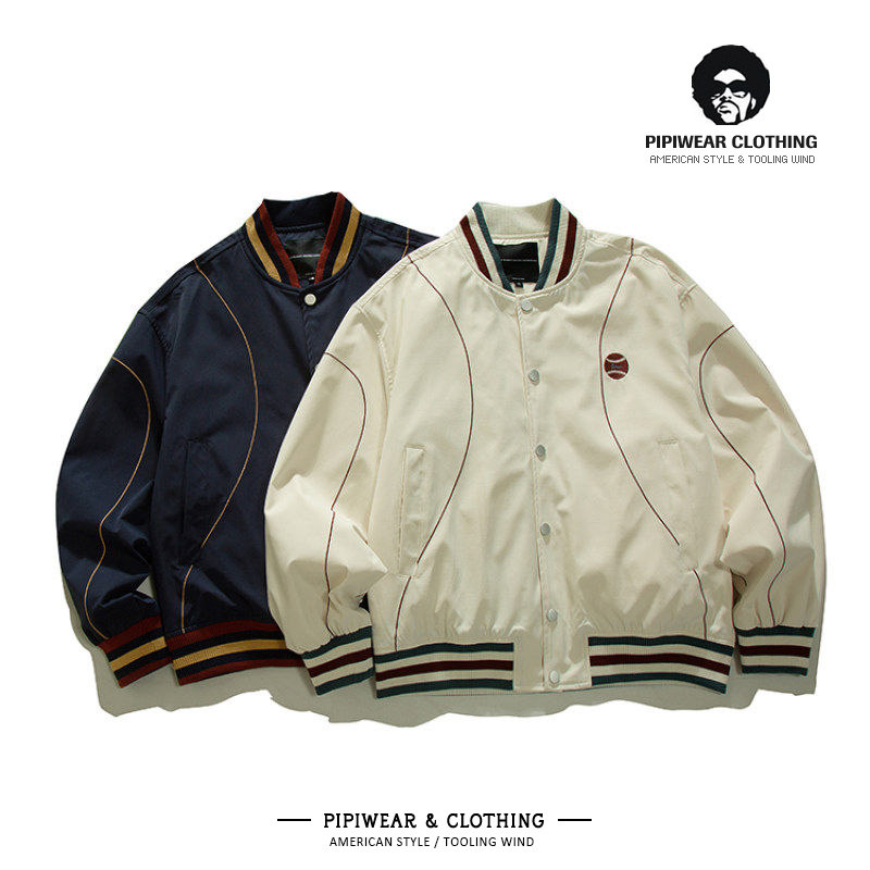 美式复古春天宽松刺绣拼色棒球服男款春装藏蓝色外套男帅气夹克潮