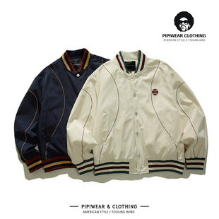 美式复古春天宽松刺绣拼色棒球服男款春装藏蓝色外套男帅气夹克潮