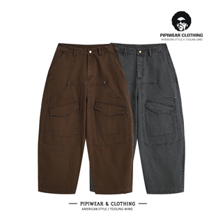 日系复古酵洗咖色休闲裤工装伐木男裤直筒阔腿长裤子男设计感小众