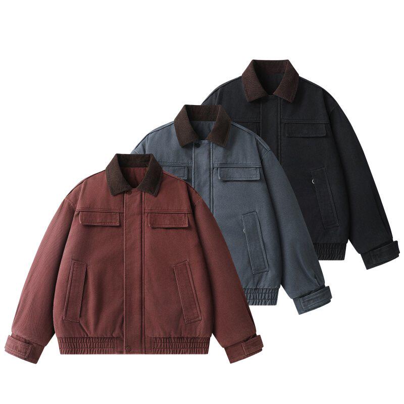 撞色灯芯绒领红色工装棉服男多口袋宽松落肩夹棉外套棉衣