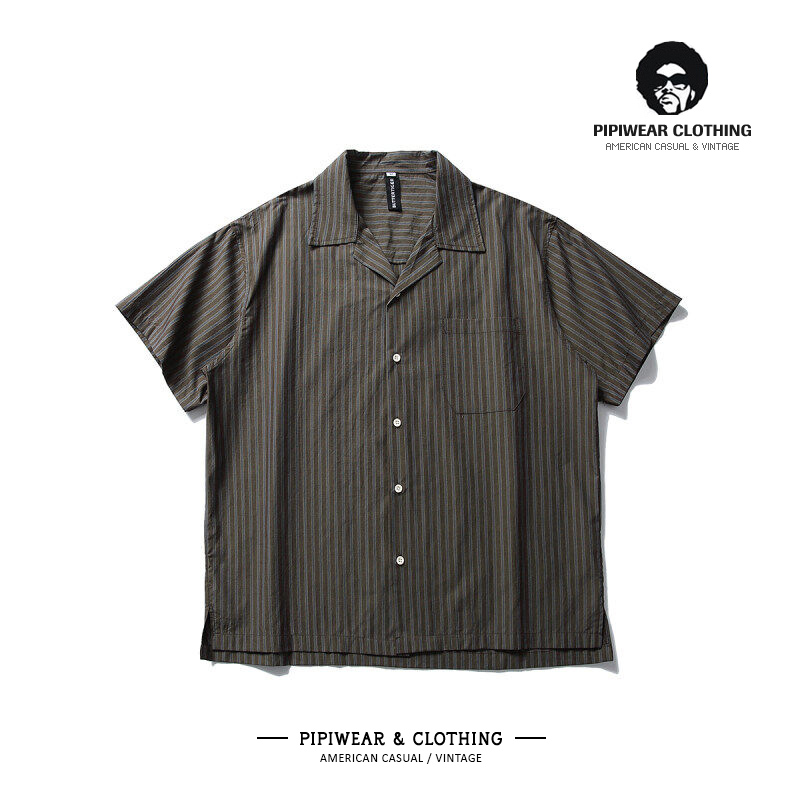 古巴领复古条纹慵懒短袖衬衫男