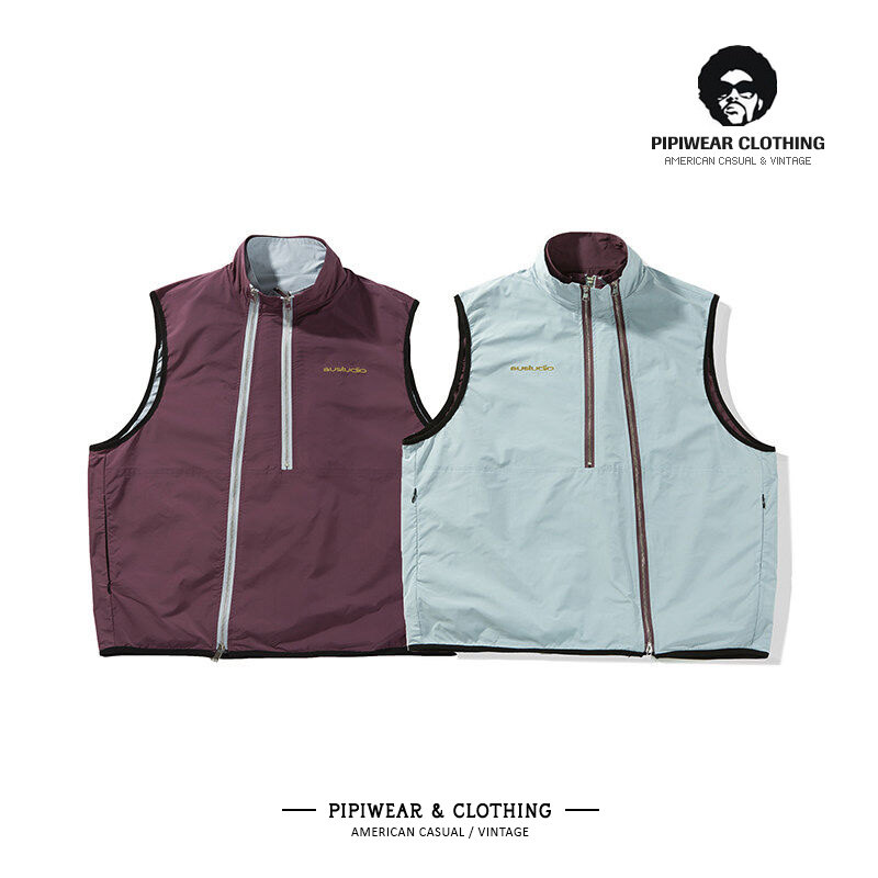 春天新款日系撞色拉链装饰双面穿马甲男复古立领刺绣宽松坎肩外套