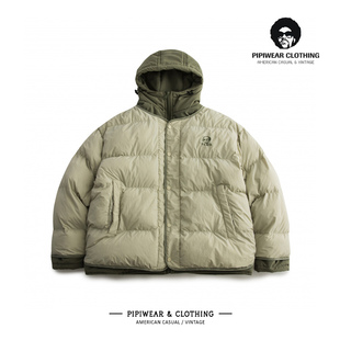 国潮复古拼接撞色棉服男冬棉袄设计感假两件连帽棉衣中性帅气外套