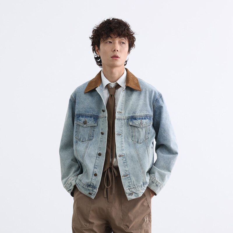 麂皮撞色翻领牛仔夹克男短款外套