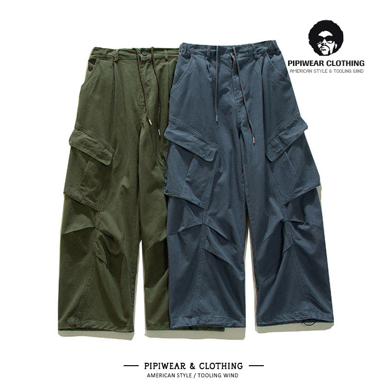 日式户外复古纯棉斜口袋褶皱蓝色工装裤男款全棉休闲裤痞帅长裤子