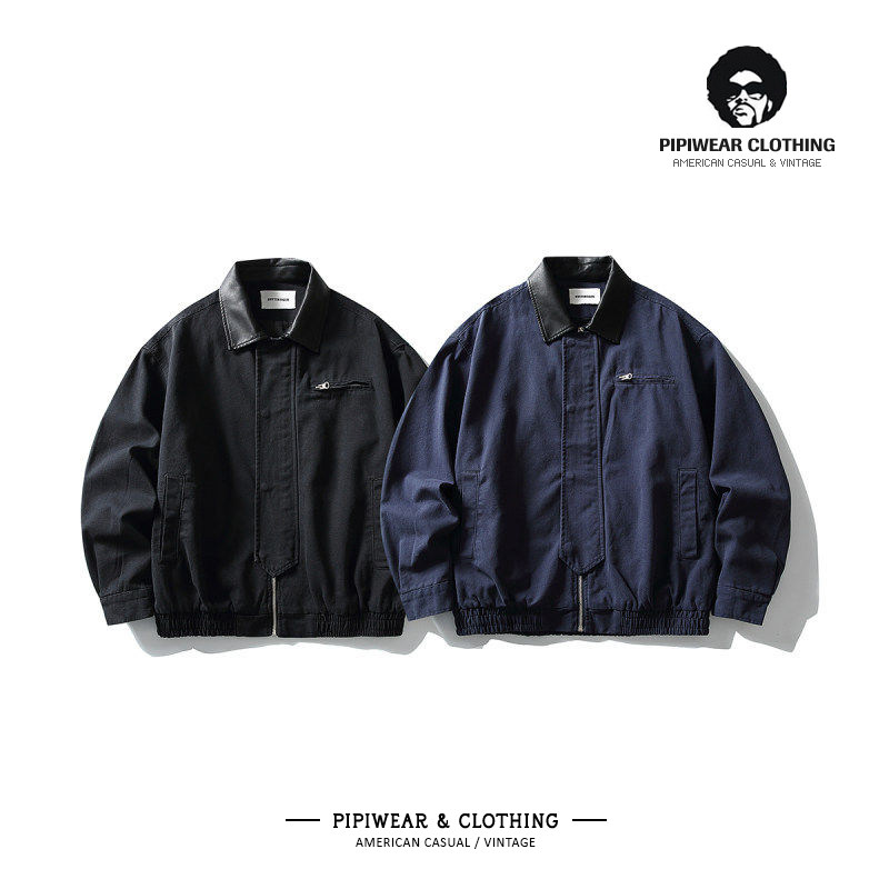 日系复古春款2026新款外套撞色皮领拼接设计春天春季男士工装夹克